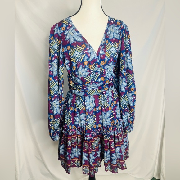 Cara Cara Harper Retro Long Sleeve Dress in Purple/Blue/Multi